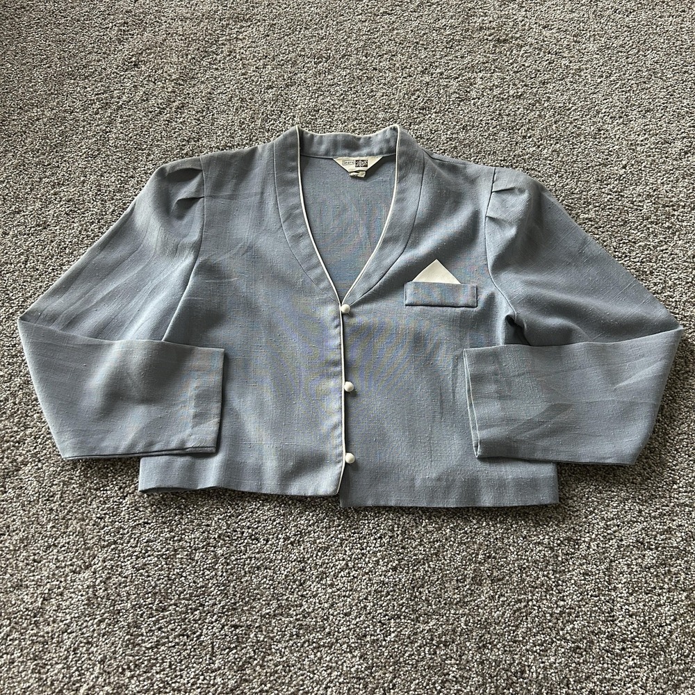Vintage Sears Blazer Womens 9/10 Blue Collarless Cropped 3/4 Sleeve Lightweight